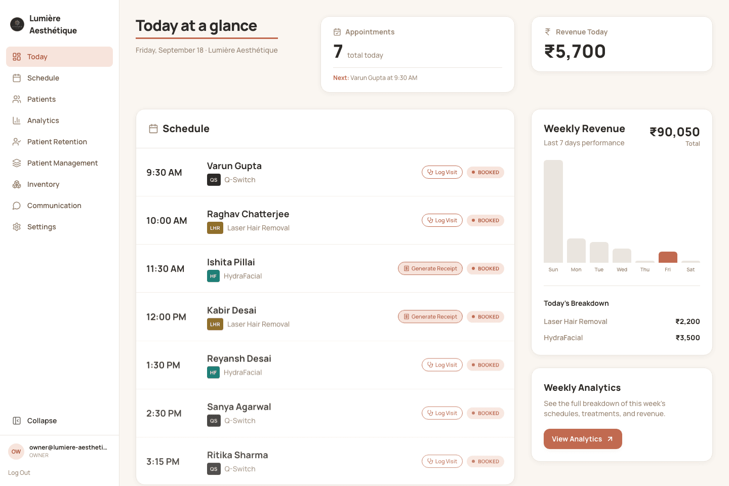 Radiance Laser dashboard showing today's schedule, appointments, revenue, and weekly performance
