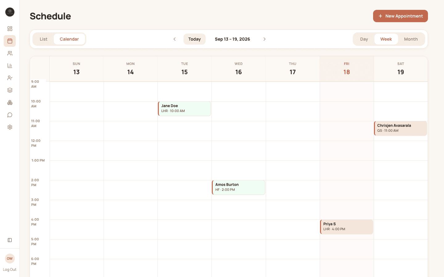 Radiance Laser weekly schedule showing appointments for Jane Doe, Amos Burton, Priya S, and Chrisjen Avasarala