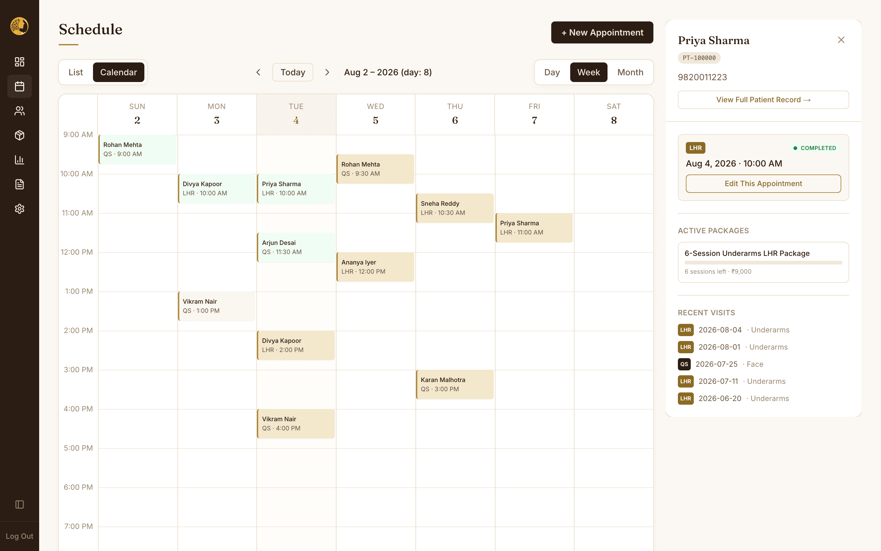 Weekly appointment calendar with a patient's package and visit history open alongside it