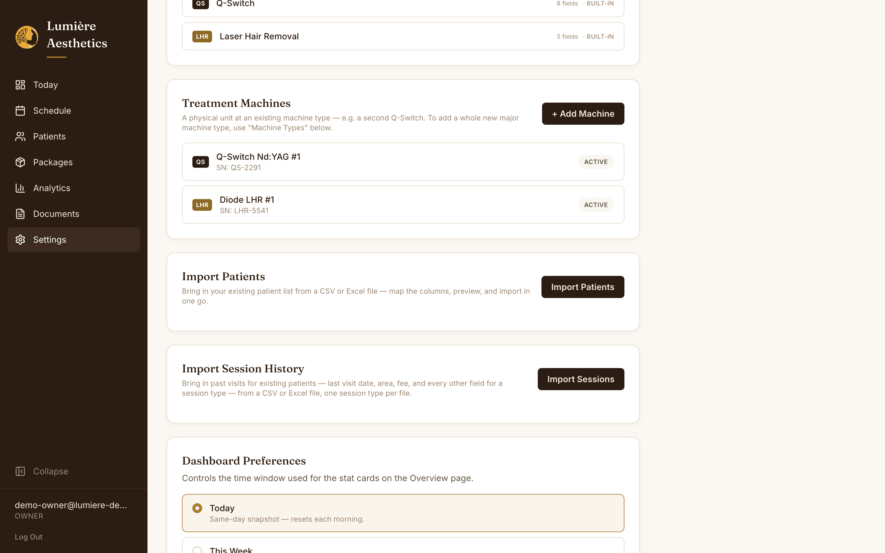 Import Patients and Import Session History sections in RadianceLaser Settings
